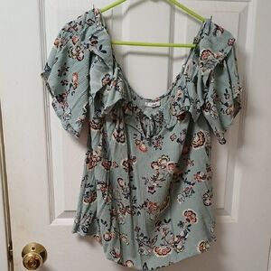 Maurices Teal Floral Blouse with Ruffle Detail